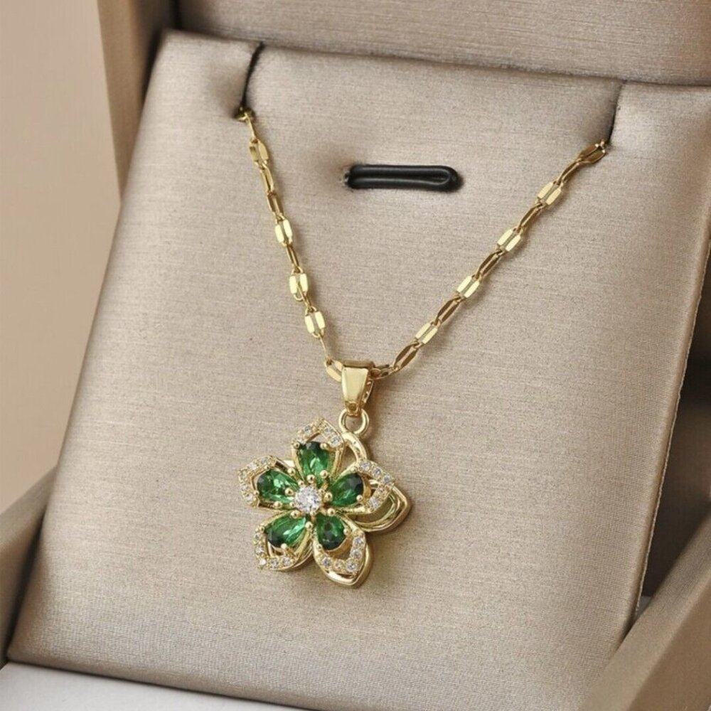 Stainless Steel Women Necklace With Rotating Five Petal Flower Pendant